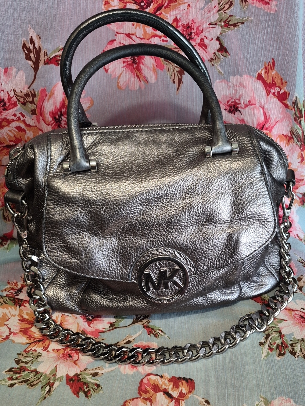 Michael Kors Metallic Pewter Leather Shoulder Satchel